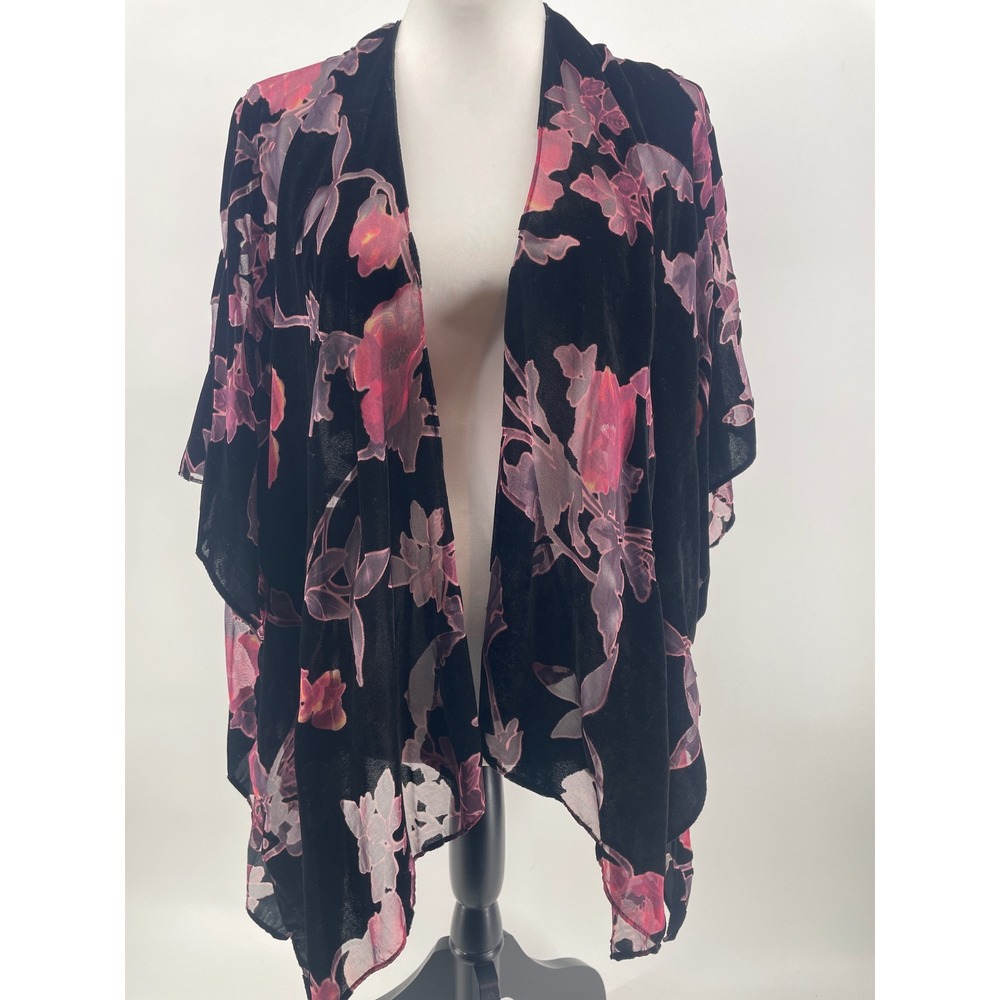 Open Front Kimono Womens S/M Black Floral Sheer Velvet Burnout Whimsigoth Witchy